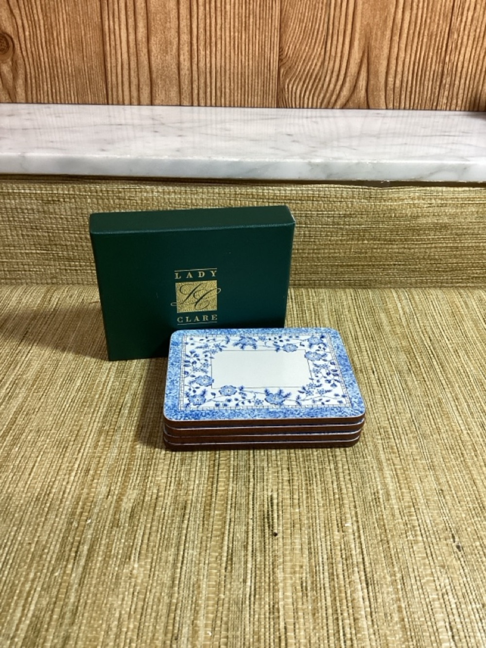 Lady Clare Blue & White Floral Coasters  corked back - Set with Box 4ct